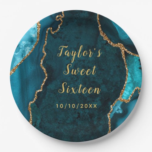 Teal and Gold Agate Marble Sweet Sixteen Paper Plates