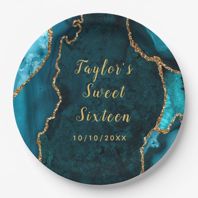 Teal and Gold Agate Marble Sweet Sixteen Paper Plates (Front)