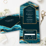 Teal and Gold Agate Marble Wedding All In One Invitation
