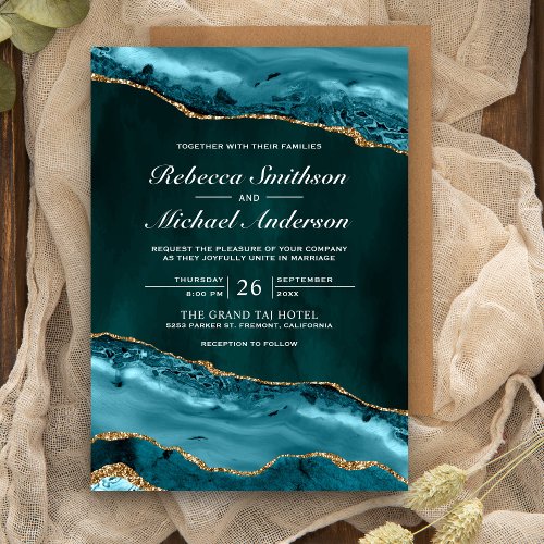 Teal and Gold Agate Marble Wedding Invitation