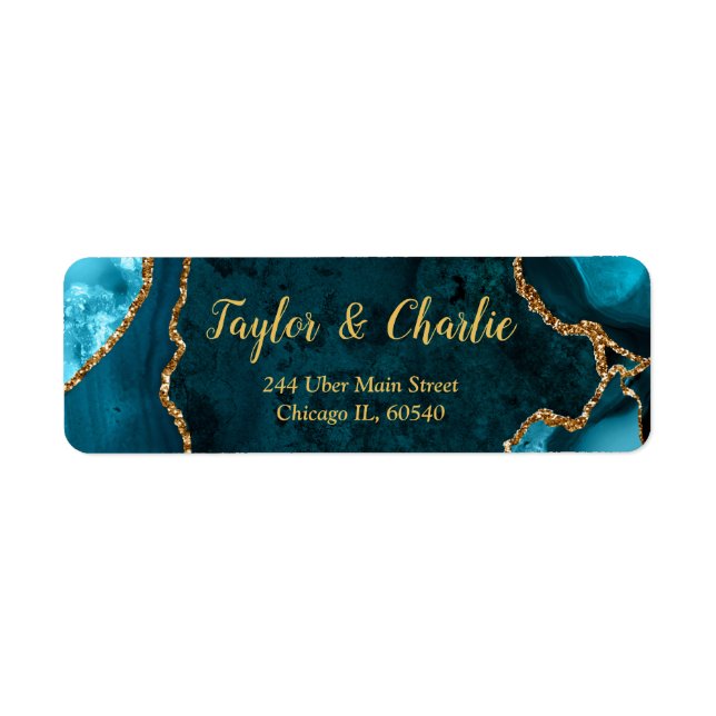 Teal and Gold Agate Marble Wedding Label (Front)
