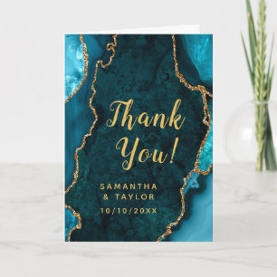 Teal and Gold Agate Marble Wedding Letterpress Thank You Card