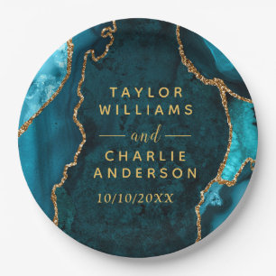 Teal and Gold Agate Marble Wedding Paper Plates