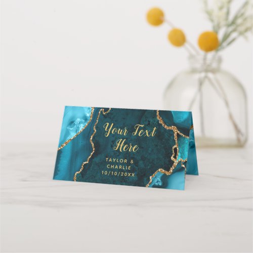 Teal and Gold Agate Marble Wedding Place Card