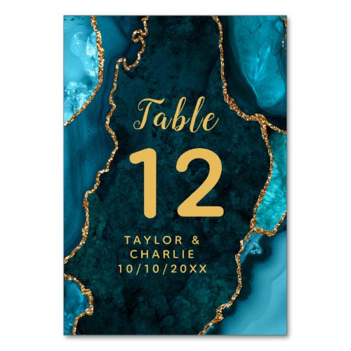 Teal and Gold Agate Marble Wedding Table Number