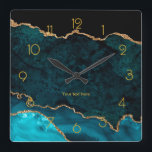 Teal and Gold Agate Personalized Square Wall Clock<br><div class="desc">Teal - turquoise and faux gold foil agate stone wall clock customizable with your text. Please note that this clock is not made from real agate stone.</div>