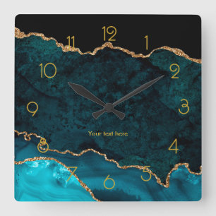 Teal and Gold Agate Personalized Square Wall Clock