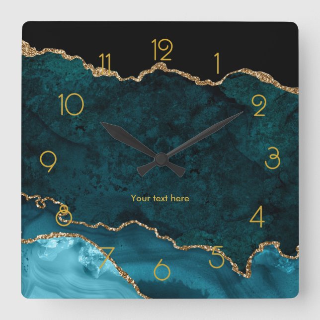 Teal and Gold Agate Personalized Square Wall Clock (Front)