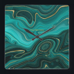 Teal and Gold Agate Personalized Square Wall Clock<br><div class="desc">Teal - turquoise and gold agate stone wall clock customizable with your text. Please note that this clock is not made from real agate stone.</div>