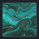 Teal and Gold Agate Personalized Square Wall Clock<br><div class="desc">Teal - turquoise and gold agate stone wall clock customizable with your text. Please note that this clock is not made from real agate stone.</div>