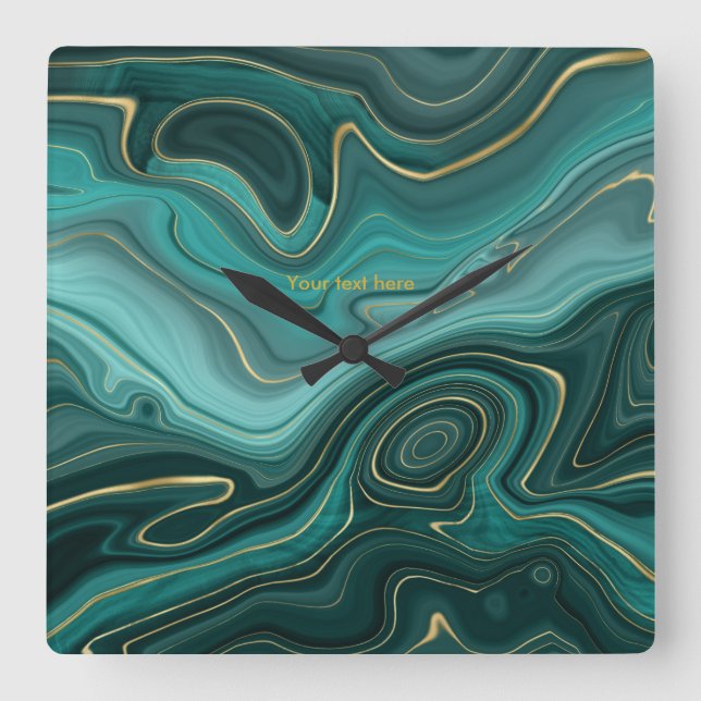 Teal and Gold Agate Personalized Square Wall Clock (Front)