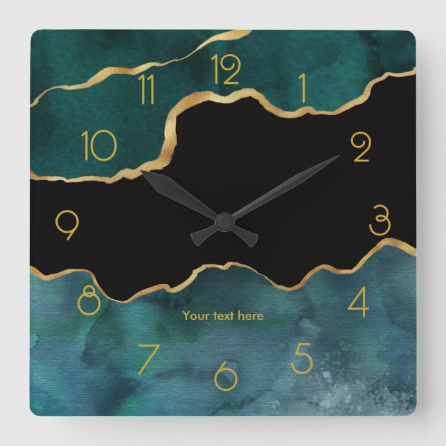 Teal and Gold Agate Personalized Square Wall Clock (Front)