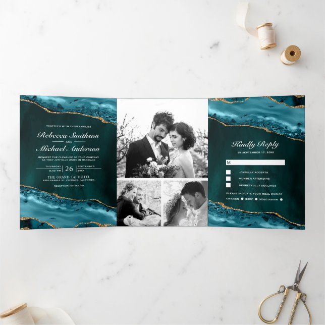 Teal and Gold Agate Photo Collage Wedding Tri-Fold Invitation (Inside)