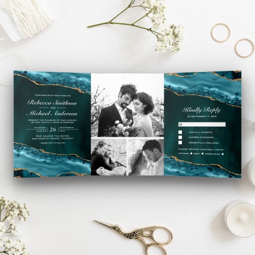 Teal and Gold Agate Photo Collage Wedding Tri_Fold Invitation