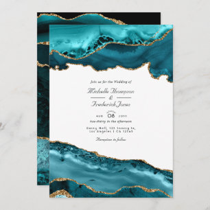 Teal and Gold Agate QR Code RSVP Wedding Invitation