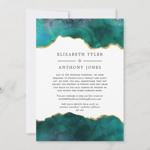 Teal and Gold Agate Reduced Wedding Guest List Announcement