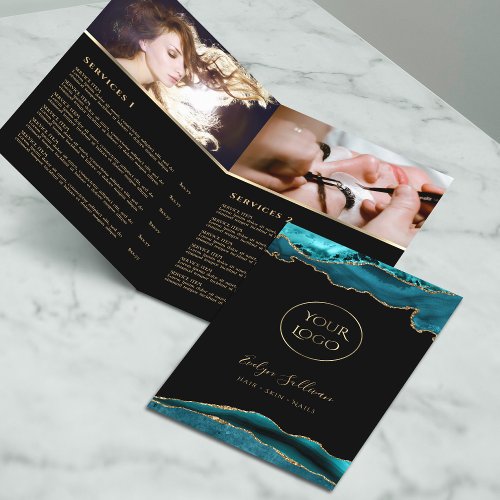 teal and gold agate service menu brochure