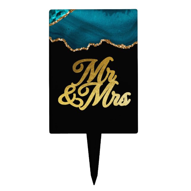 Teal and Gold Agate Stone Mr. & Mrs. Wedding Cake Topper (Front)