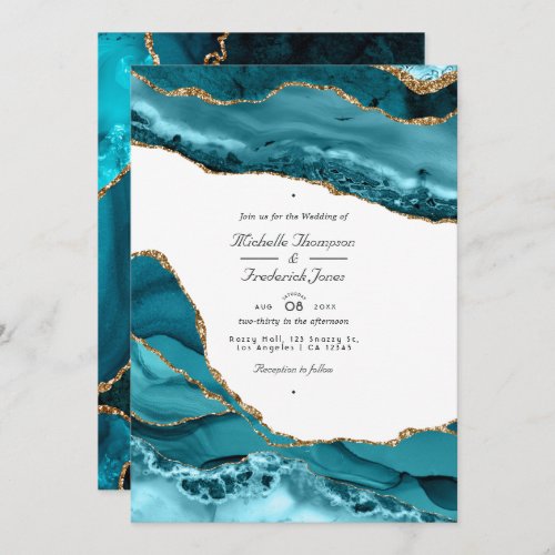 Teal and Gold Agate Stone QR Code RSVP Wedding Invitation