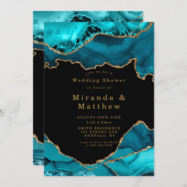 Teal and Gold Agate Stone Wedding Shower Invites (Front/Back)