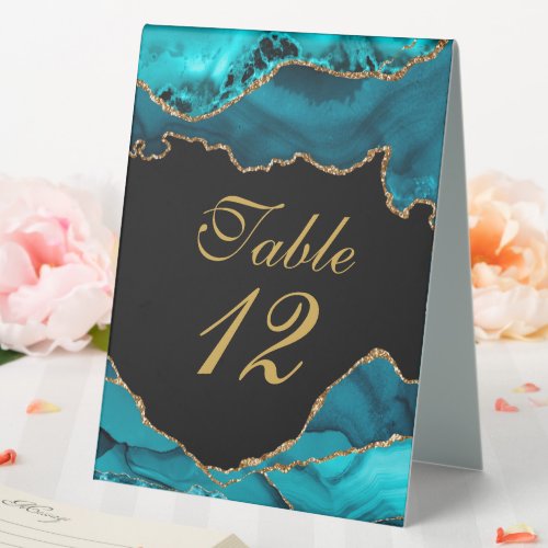 Teal and Gold Agate Stone Wedding Table Numbers  Table Tent Sign