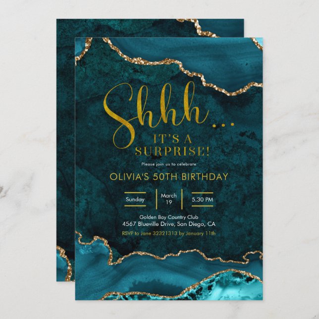 Teal and gold Agate Surprise Birthday Invitation (Front/Back)