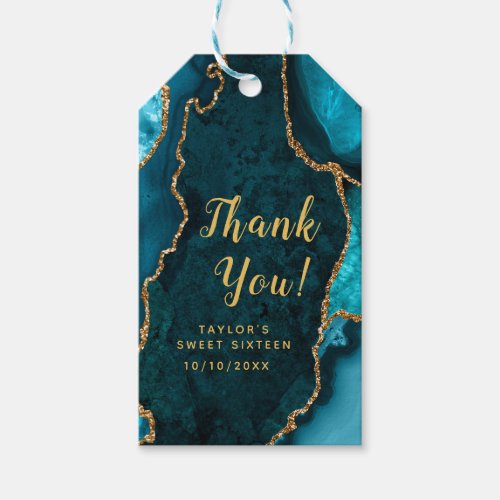 Teal and Gold Agate Sweet Sixteen Thank You Gift Tags