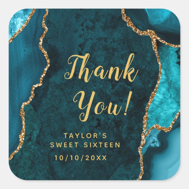 Teal and Gold Agate Sweet Sixteen Thank You Square Sticker (Front)