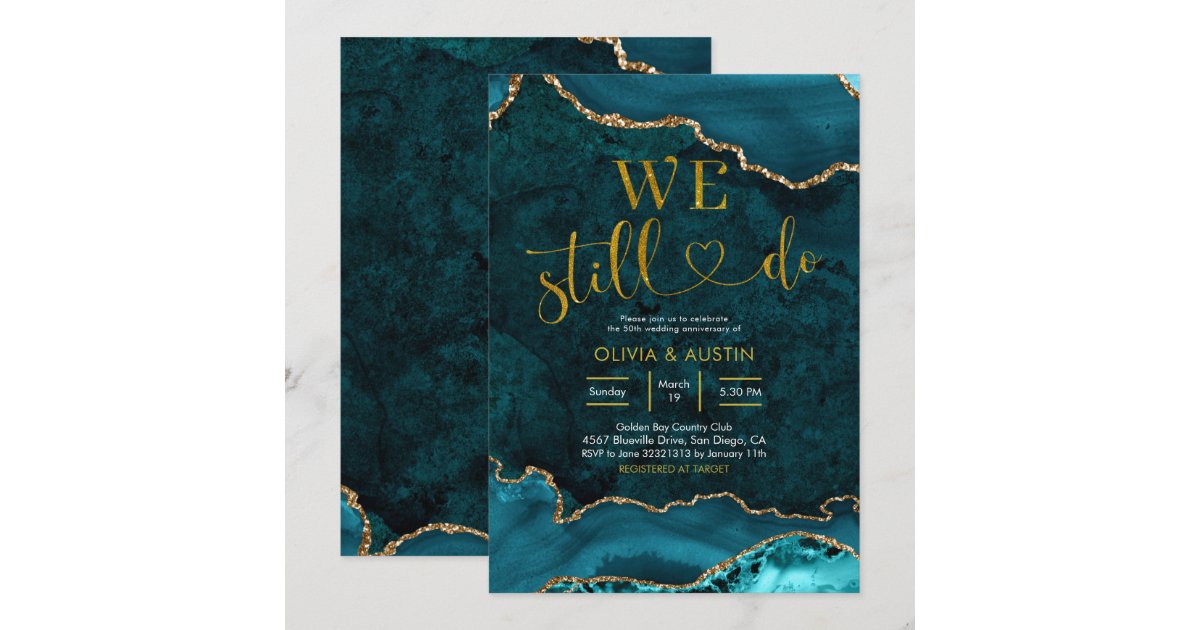 Teal and gold Agate Wedding Anniversary Invitation | Zazzle