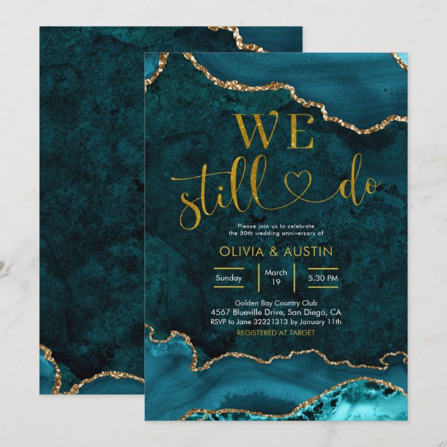 Teal and gold Agate Wedding Anniversary Invitation (Front/Back)
