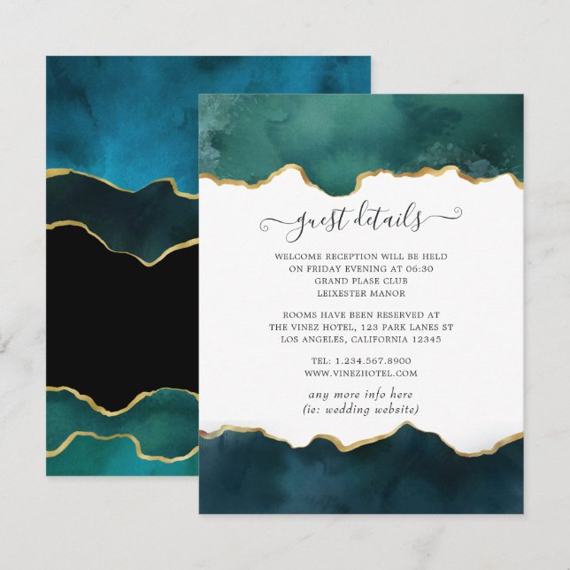 Teal and Gold Agate Wedding Guest Details Enclosure Card (Front/Back)