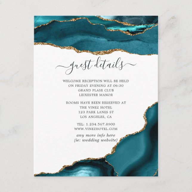 Teal and Gold Agate Wedding Guest Details Enclosure Card (Front)