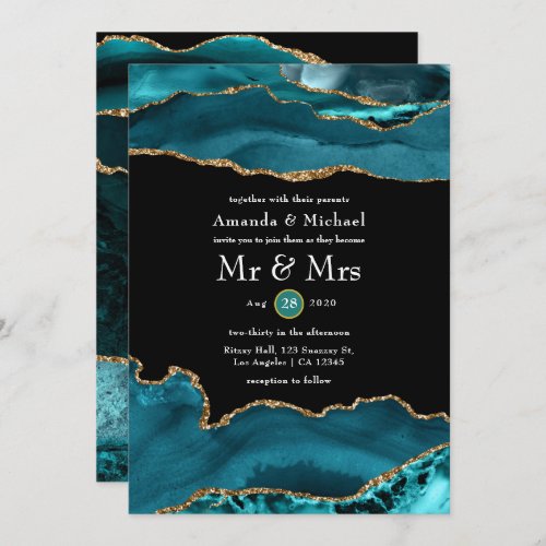 Teal and Gold Agate Wedding Invitation