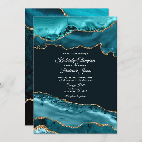 Teal and Gold Agate Wedding Invitation