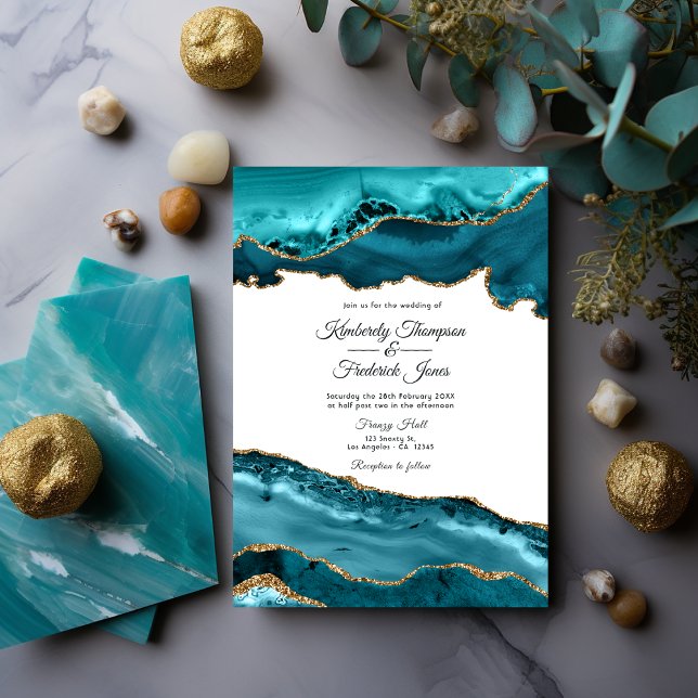 Teal and Gold Agate Wedding Invitation (Teal and Gold Agate)
