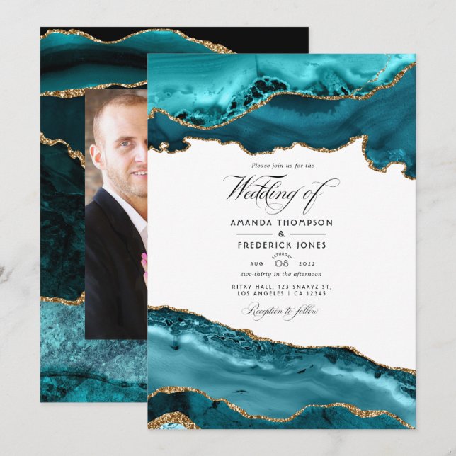 Teal and Gold Agate Wedding Photo Invitation (Front/Back)