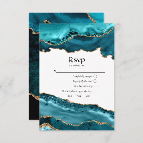 Teal and Gold Agate Wedding RSVP Card