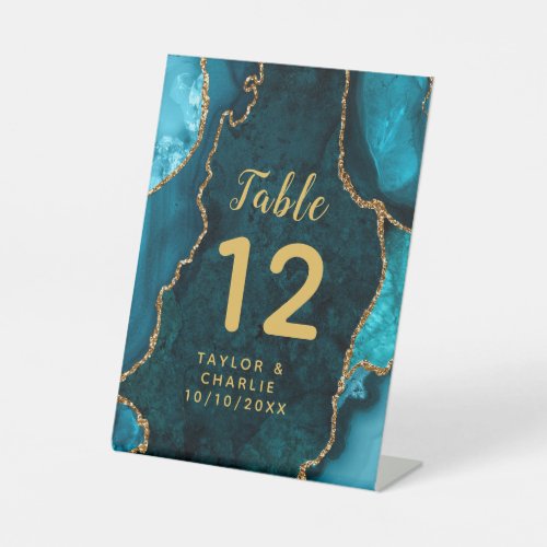 Teal and Gold Agate Wedding Table Number Pedestal Sign