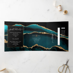 Teal and Gold Agate Wedding Tri-Fold Invitation