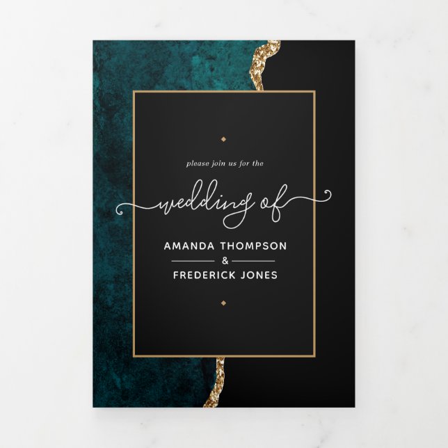 Teal and Gold Agate Wedding Tri-Fold Invitation (Cover)