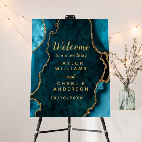 Teal and Gold Agate Wedding Welcome Foam Board