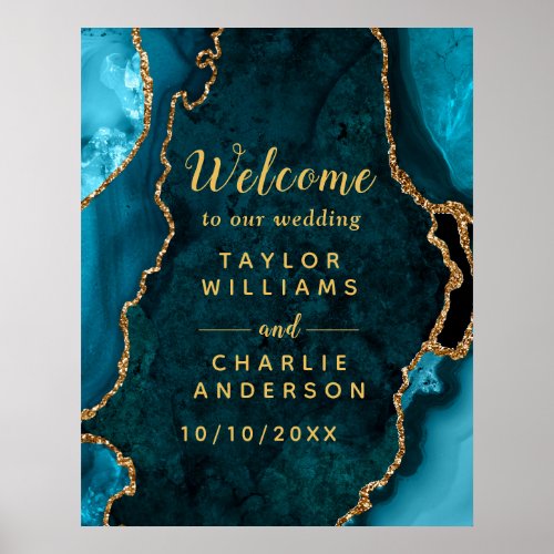 Teal and Gold Agate Wedding Welcome Poster