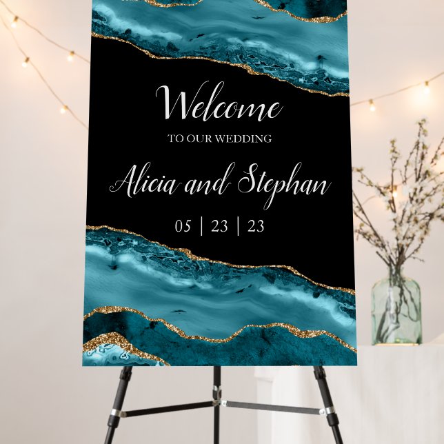 Teal and Gold Agate Wedding Welcome Sign (In Situ (Stand))