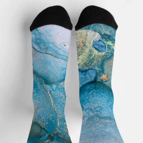 Teal and Gold Alcohol Ink Abstract Liquid Art Socks