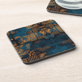 Teal and Gold Antique Boho Geometric Tile Beverage Coaster