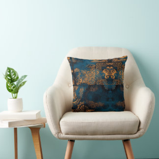 Teal and Gold Antique Boho Geometric Tile Throw Pillow