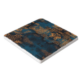 Teal and Gold Antique Boho Geometric Tile Trivet