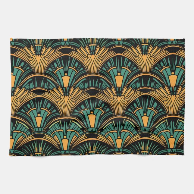 Teal and Gold Art Deco Kitchen Towel (Horizontal)