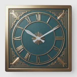 Teal and Gold Art Deco Luxury Roman Numeral Square Wall Clock