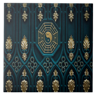 Teal and Gold Asian Abstract Ceramic Tile